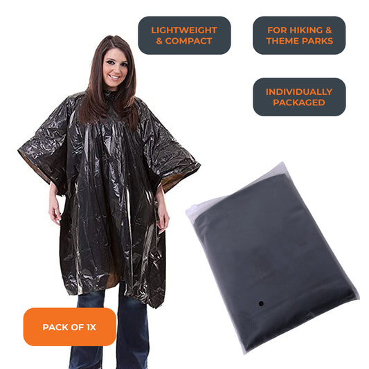 Black Festivals & Theme Parks Waterproof Hooded Emergency Rain Poncho Mac Coat