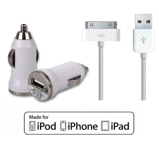 White Small 12v USB Car Charger & OLD TYPE 30 pin iPhone Sync Lead | FPC