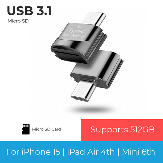 for iPhone 16 /15 / iPad Air 4 - USB-C Micro SD OTG Memory Card Reader Adapter