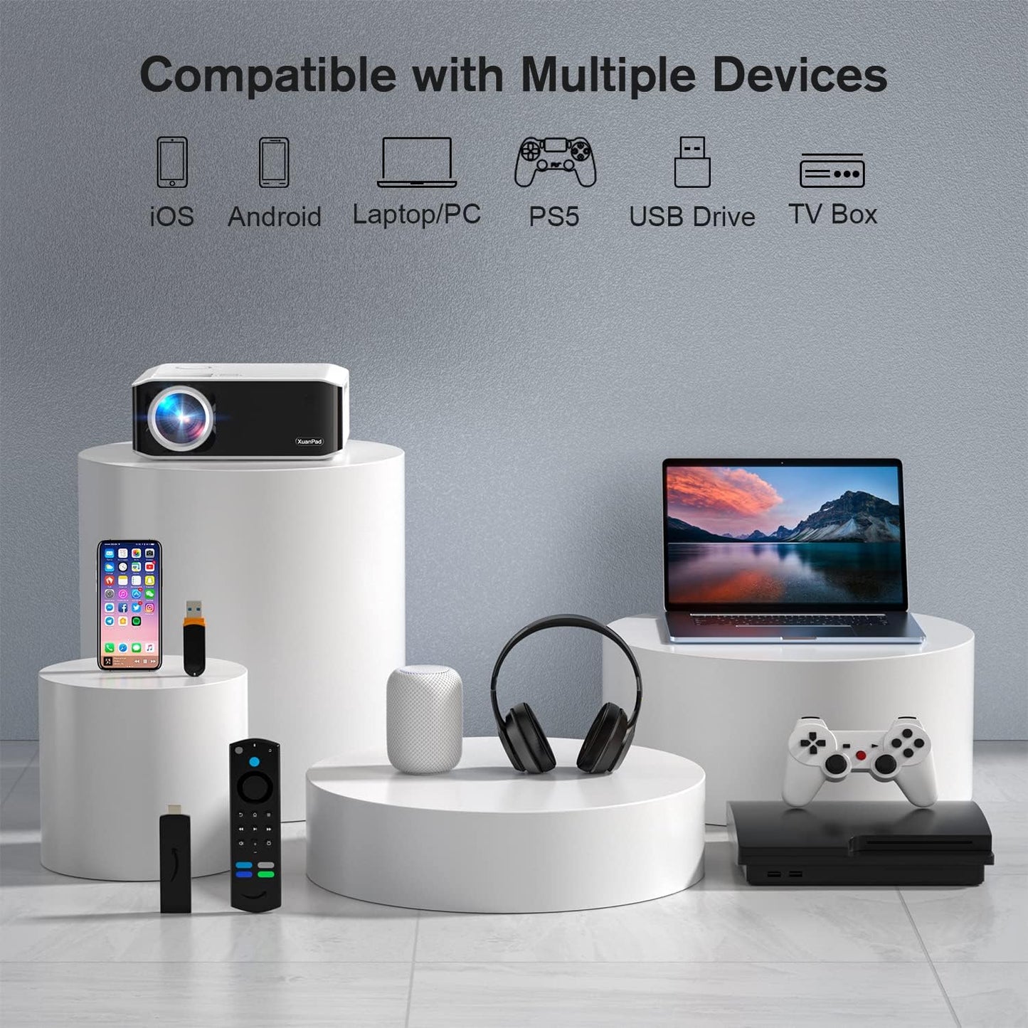 XuanPad V30 Mini Portable Home Video Projector 18000L 1080p Wifi USB ISO Android