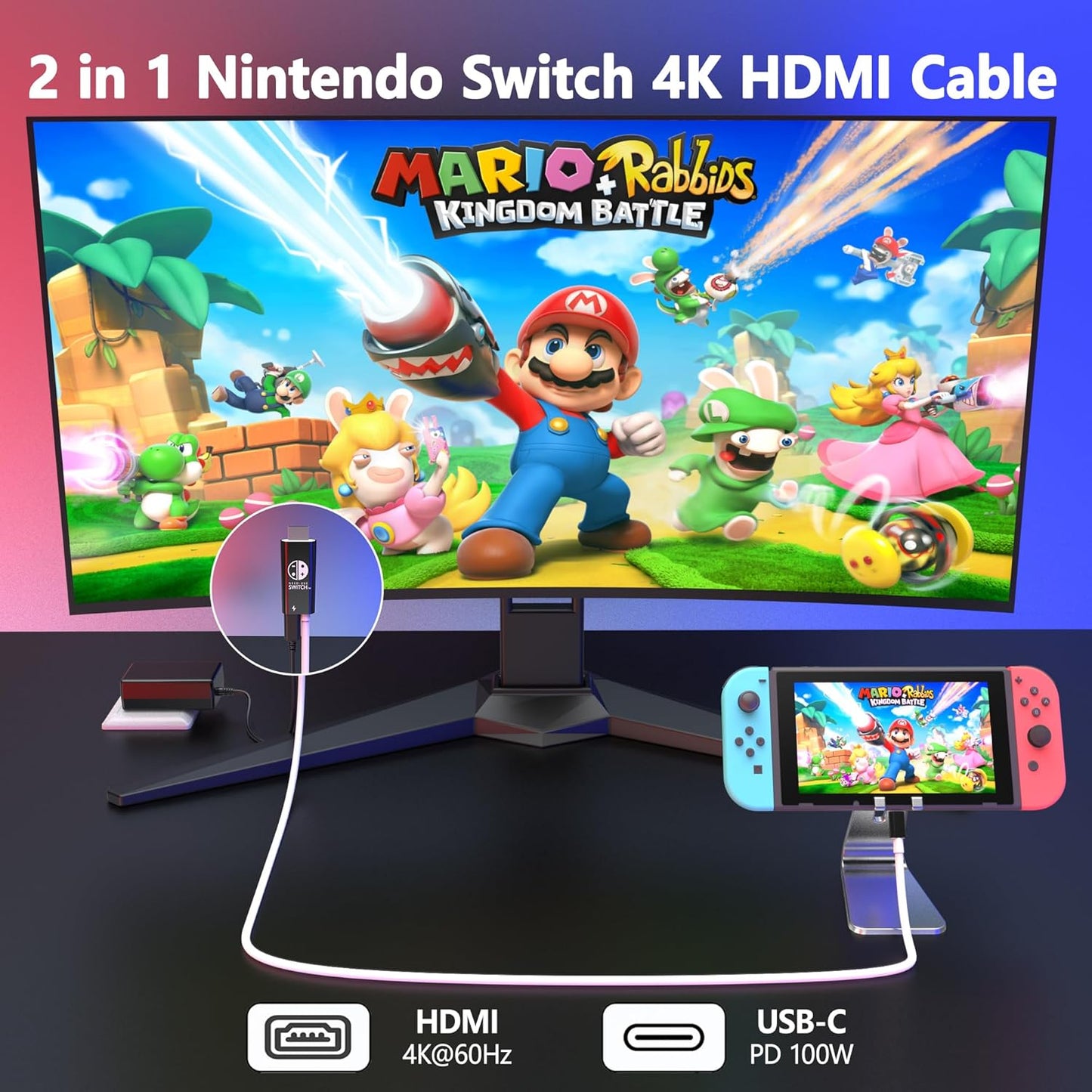 For Nintendo Switch - Black USB C to HDMI 4K TV Adapter Converter Cable 100W PD