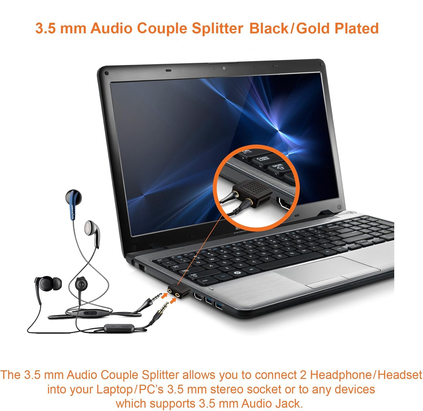 For Laptop | Phone - 3.5mm Headphone Y Splitter 1 M to 2 F Audio Adapter AUX