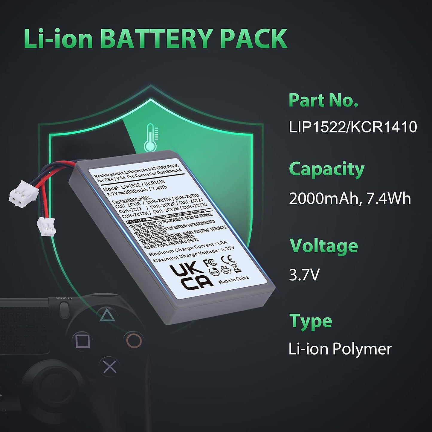 for PS4 KCR1410 & Pro Slim LIP1522 - 2000mAh Replacement Battery Dual Use v1 v2
