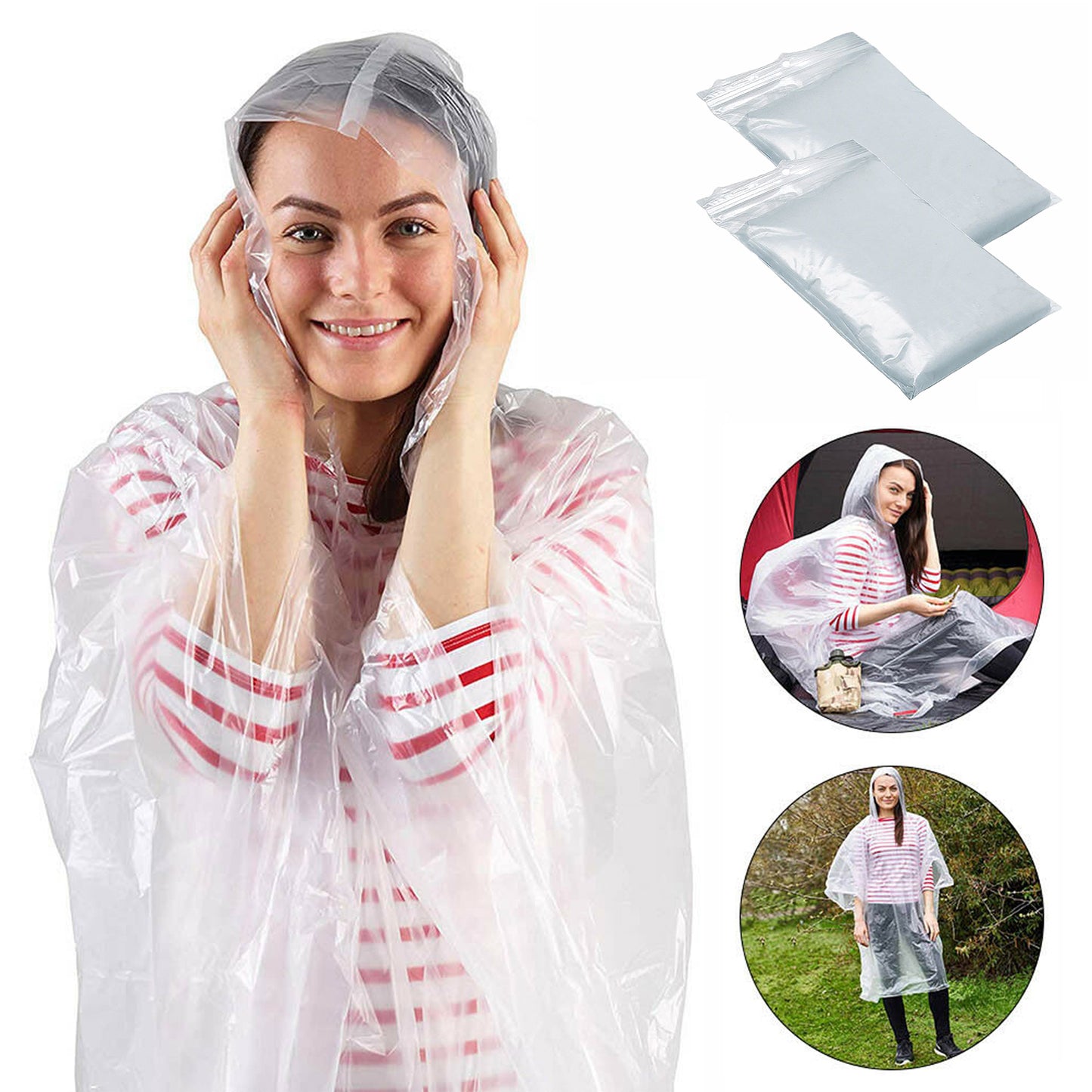2x Adult Clear Waterproof Emergency Theme Park Festival Rain Poncho Mac Coat