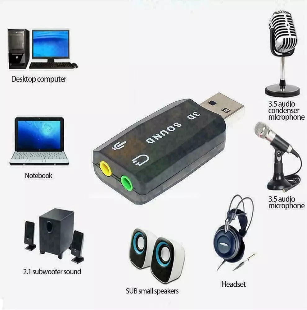 for PC Laptop Mac - USB to Mic 3.5mm External 3D Audio Sound Card Adaptor 5.1Ch