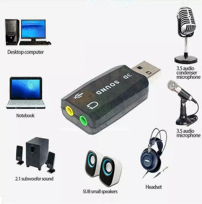 for PC Laptop Mac - USB to Mic 3.5mm External 3D Audio Sound Card Adaptor 5.1Ch