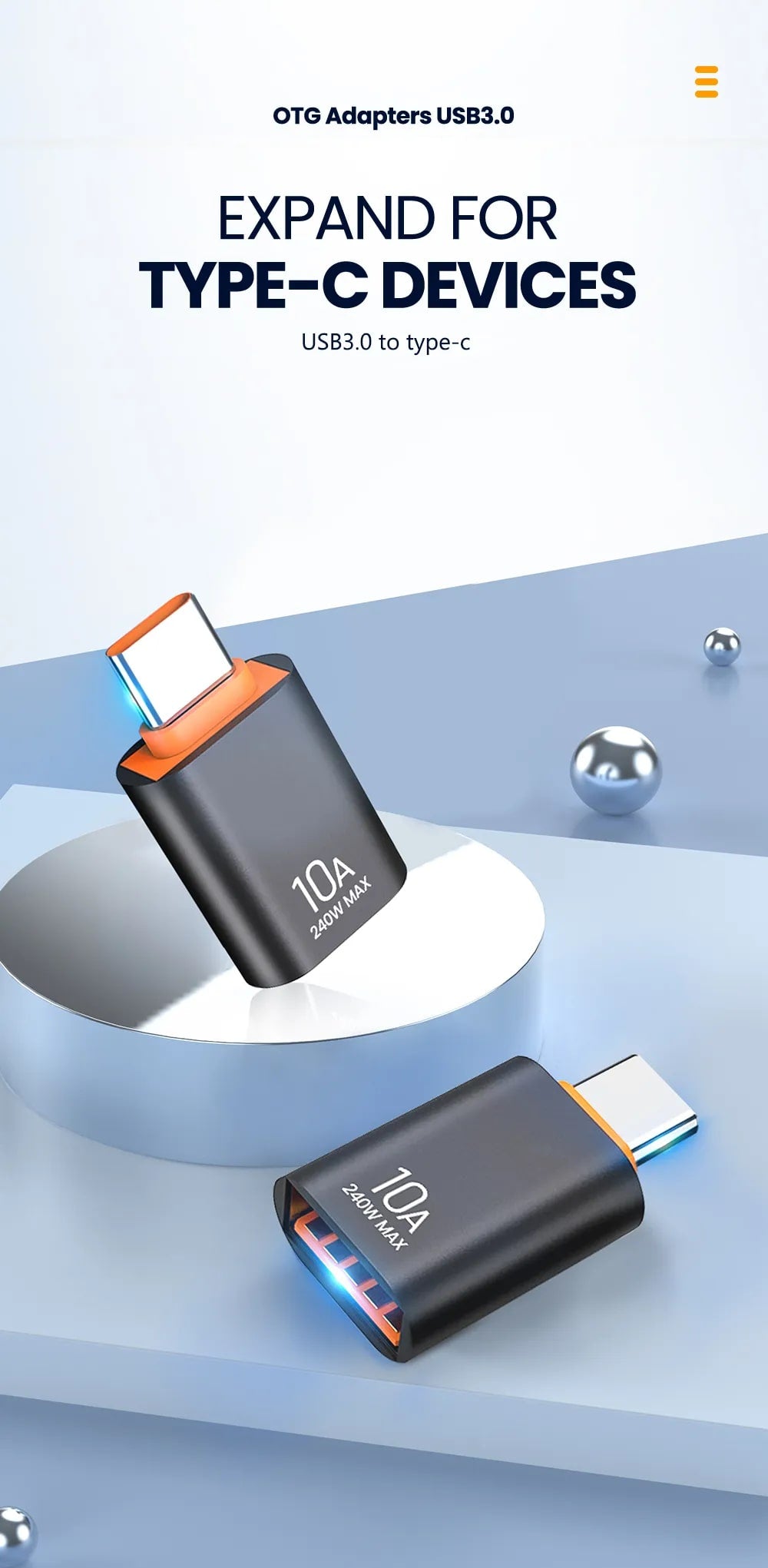 10A USB to USB-C Adapter Connector Converter 3.1 A Female to Type-C Male OTG