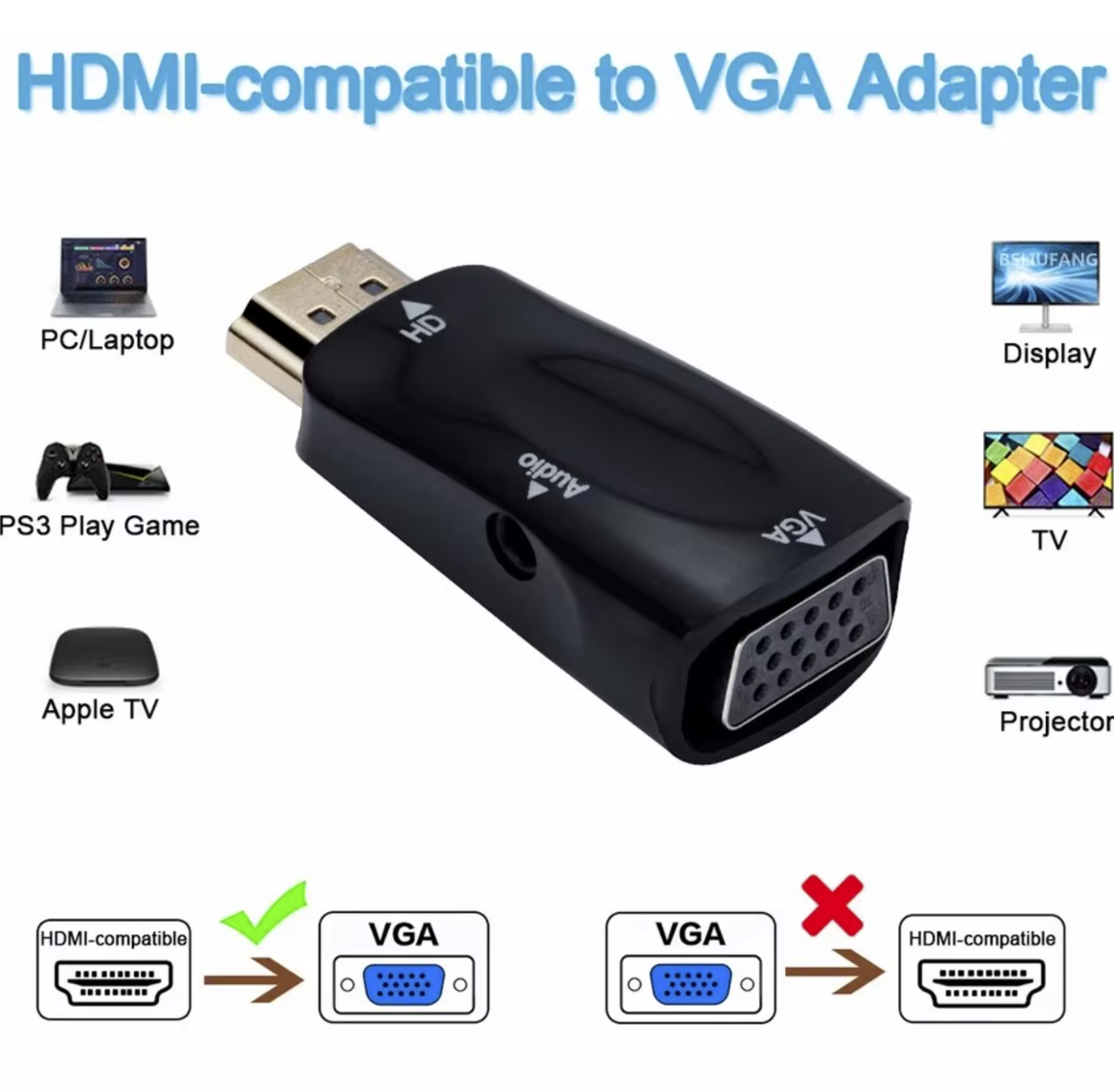 for PC Monitor - VGA to HDMI Cable Adapter Converter Male To Female 3.5mm Audio