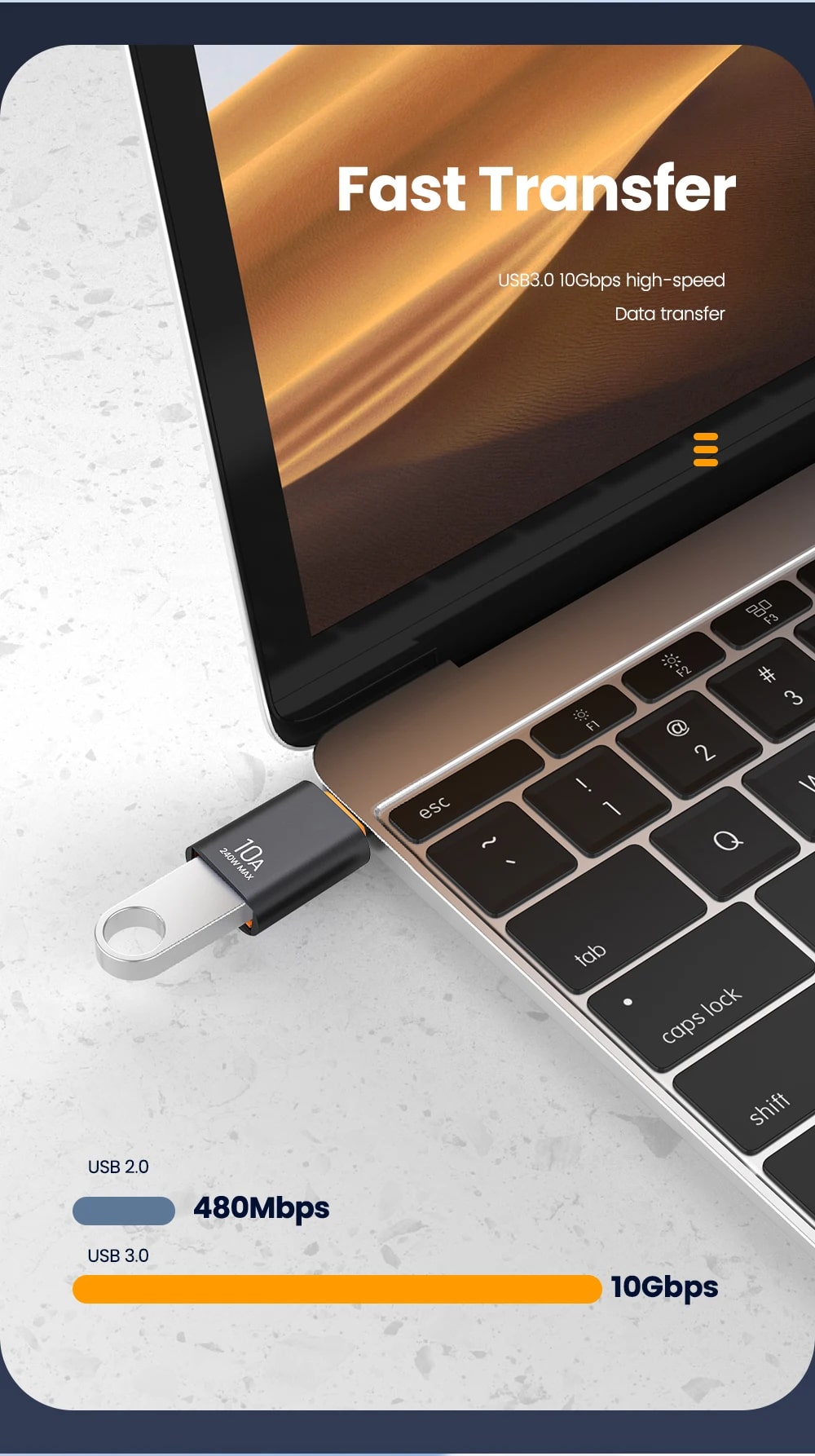 10A USB to USB-C Adapter Connector Converter 3.1 A Female to Type-C Male OTG