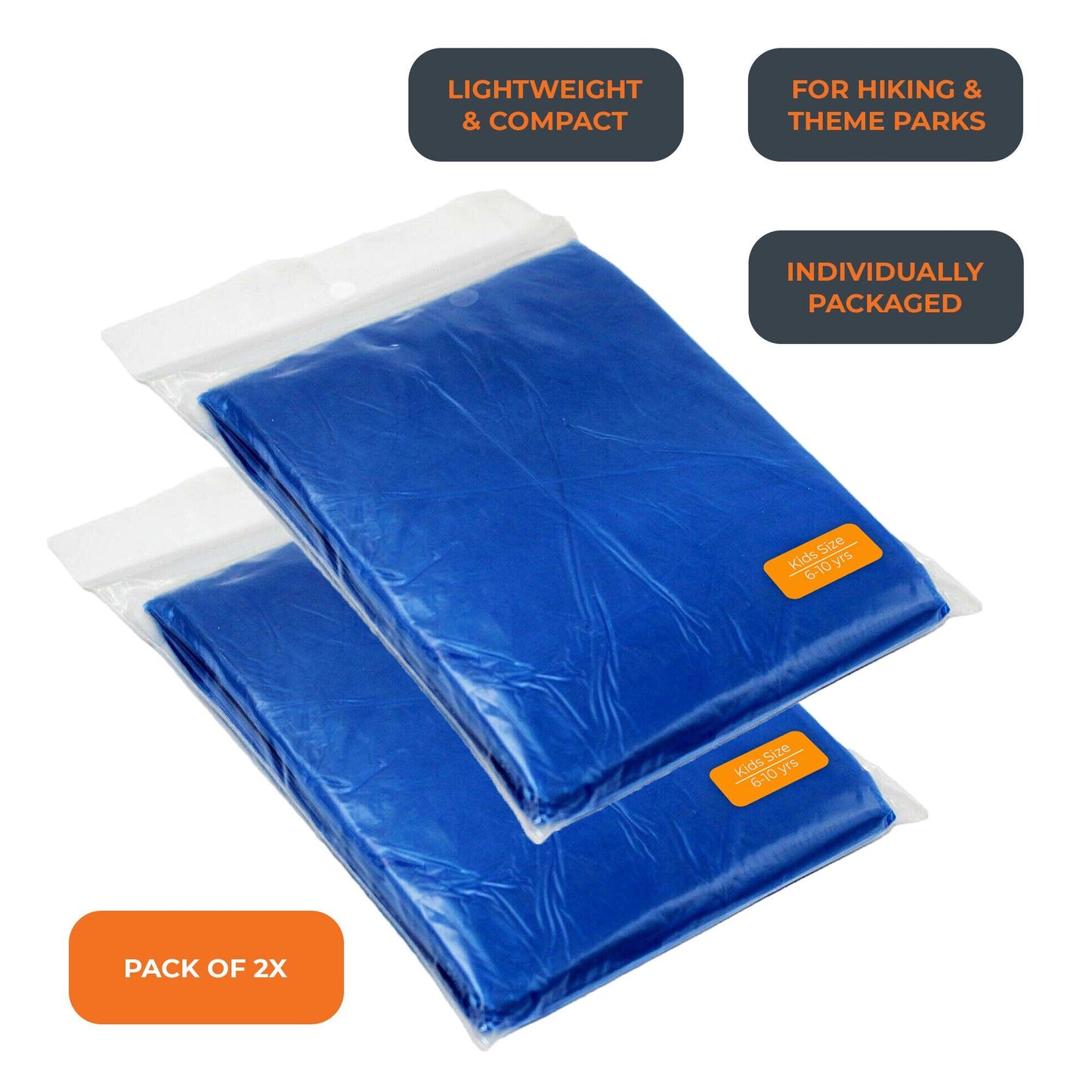 2x Blue Kids Child Disposable Waterproof Rain Poncho Mac Coat for Theme Park