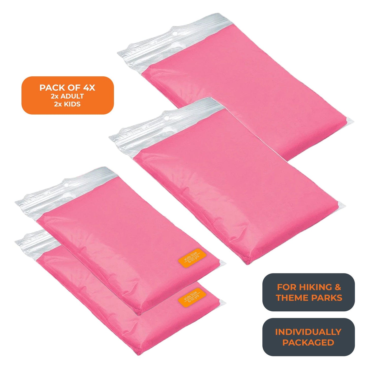 Pink Waterproof Hooded Rain Poncho Mac Coat (2x Adults / 2x Kids) | FPC